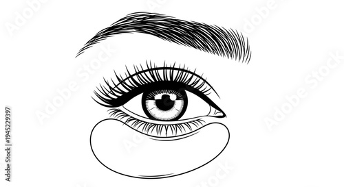 Close-up eye with under eye patches and defined eyebrow, black and white sketch style