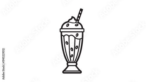 Coffee milkshake with whipped cream and straw illustration clean line art isolated on white background