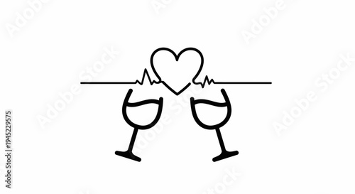 Couple's Heartbeat and Wine Glasses Toast - Love and Romance Concept