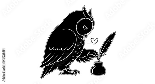 Creative Owl Writing with Quill and Inkwell, Symbol of Wisdom and Knowledge