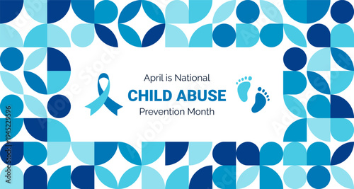 Child Abuse Prevention Month banner template in geometric style. Blue awareness ribbon and typography. Simple abstract flat shape pattern. Vector illustration for wallpaper, presentation, background.