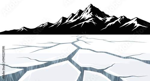 Cracked Ice Surface with Jagged Mountain Range Silhouette Background