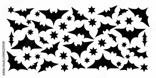 A scattering of black jagged star like shapes on a white background