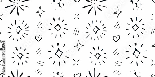 Hand drawn sparkling stars hearts and bursts on a white background