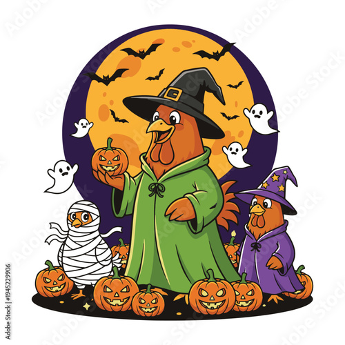 Spooky Halloween scene with chickens dressed as witches and mummies in a vector illustration.