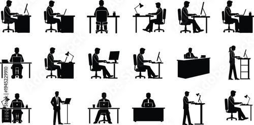 People working at desks silhouettes collection including office employees using laptops and standing desks cad drawing flat vector illustration for business.
