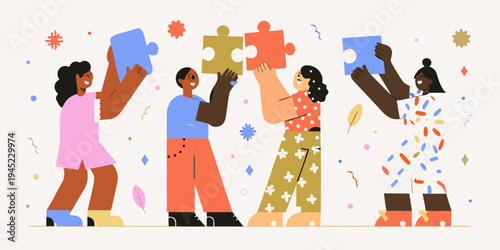 Diverse group of people collaboratively connecting puzzle pieces together