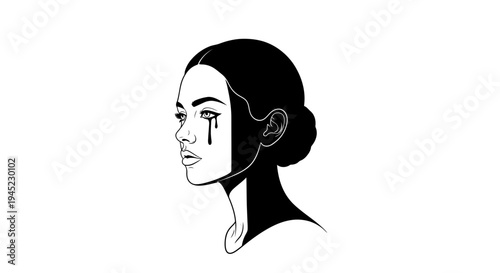 Abstract Sad Woman Portrait, Black and White, Tears Flowing