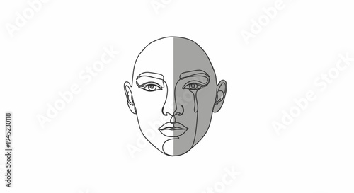 Abstract Sad Woman Face, Split Emotion, Crying Line Art, Emotional Contrast
