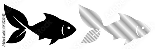 A sleek black fish silhouette with a leaf tail next to a metallic fish with a patterned tail.
