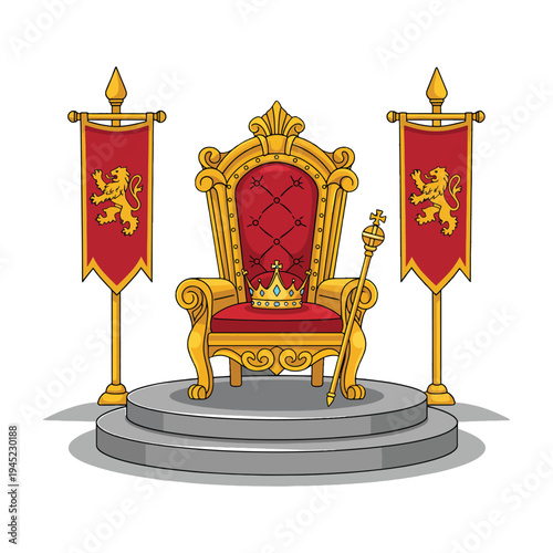 Grand royal golden throne with red velvet and lion banners on a stage in a vector illustration.