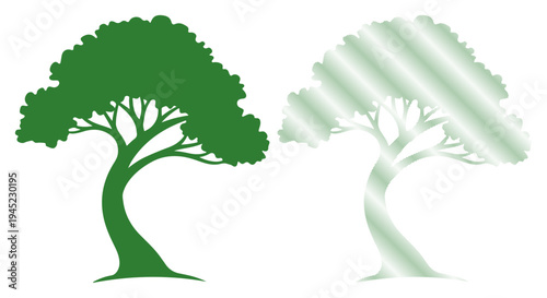 Stylized green tree silhouette contrasts with a shimmering metallic outline, symbolizing growth and nature.