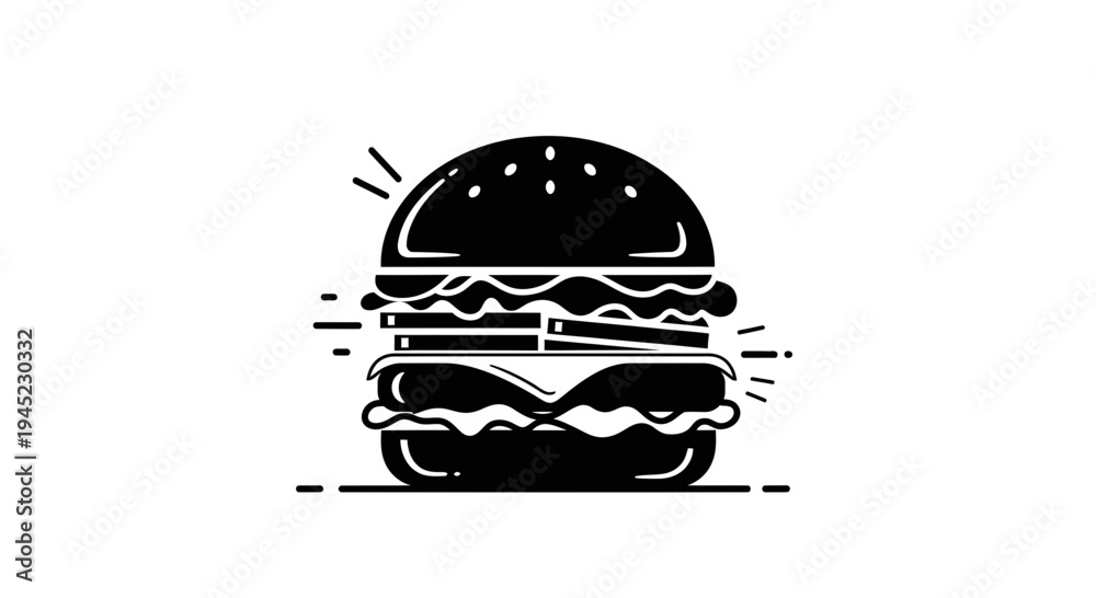Fototapeta premium Black and White Icon of a Delicious Hamburger with Cheese and Lettuce, Minimalist Food Graphic
