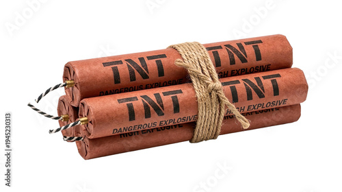 Dangerous explosive TNT bundles tied with twine, often used for demolition or in action movies for dramatic effect