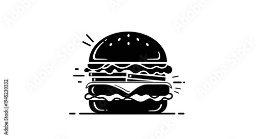Black and White Icon of a Delicious Hamburger with Cheese and Lettuce, Minimalist Food Graphic
