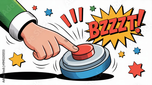Hand pressing red button with colorful explosion and bzzzt effect comic book style