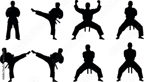 Set of Karate Martial Arts Silhouette Icons Featuring Different Poses Like Kicking Punching and Stance Elements for Sports Design Graphics