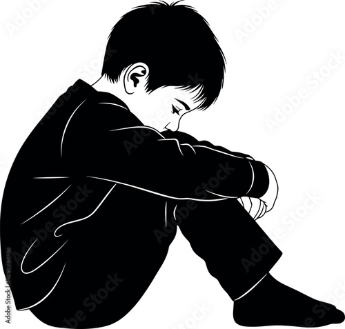 Sad lonely boy sitting on floor in silhouette style vector illustration for mental health awareness depression grief and childhood solitude