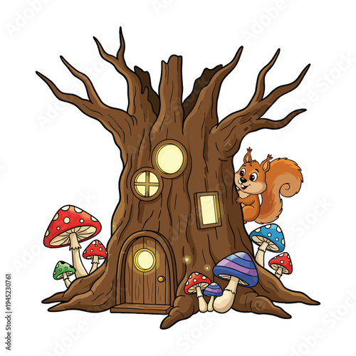 Enchanted hollow tree house with mushrooms and a cute squirrel in a forest vector illustration.
