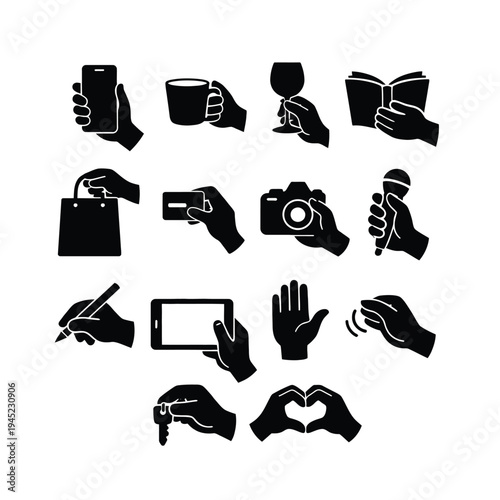 Hand Using Devices Silhouette Icons – Smartphone, Camera, Phone Interaction Gestures