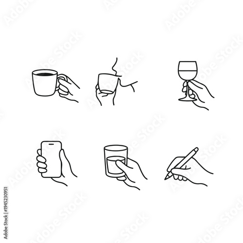 Hand Gesture Outline Icons Set – Minimal Line Hand Actions, Touch, Hold, Writing Gestures