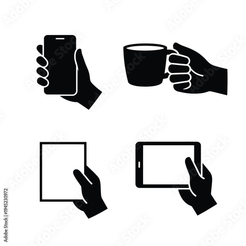 Hand Holding Objects Silhouette Icons Set – Hand with Phone, Cup, Tablet, Pen Gesture Symbols