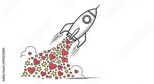 Rocket ship blasting off into the sky with hearts and stars symbolizing love and passion in a whimsical illustration