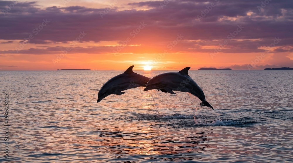 Fototapeta premium Dolphins Jumping at Sunset
