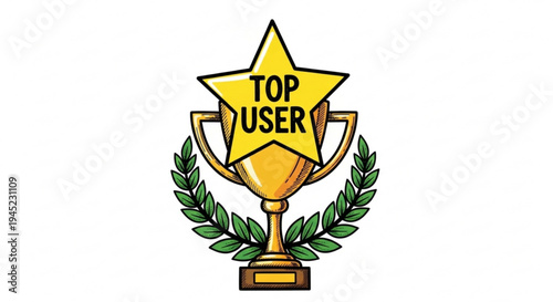 Golden trophy cup with star and laurel wreath for top user award or achievement