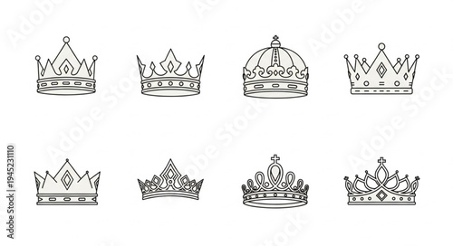Collection of eight hand drawn crown illustrations on white background.