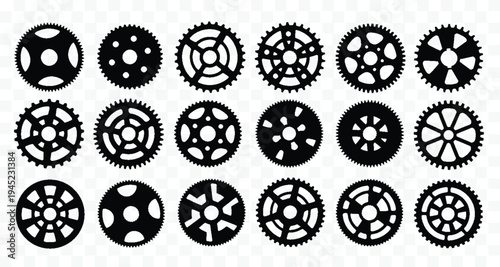 A collection of black gear icons on a white background