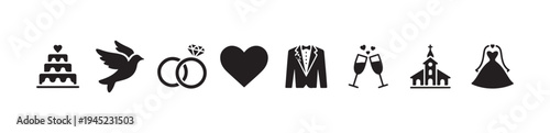Group of stylish wedding celebration symbols perfect for graphic design and invitation templates
