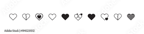 Diverse collection of heart icons in outline and solid styles expressing various emotional states