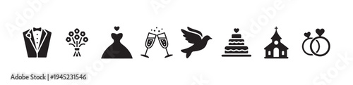 Modern wedding symbols collection for invitations and design including clothing food and venue