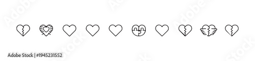 Collection of simple outline heart icons representing emotions love loss and complex feelings