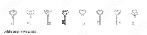 Assortment antique skeleton keys designed with ornate heart shaped bow elements vector