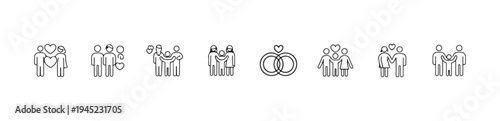 Family and relationship icons showing diverse couples parents and children with love heart symbols