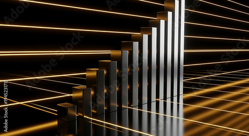 Abstract metallic pillars reflecting golden light beams in darkness