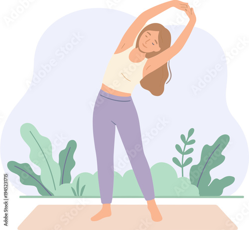 Woman stretching on a yoga mat in a serene outdoor environment with plants