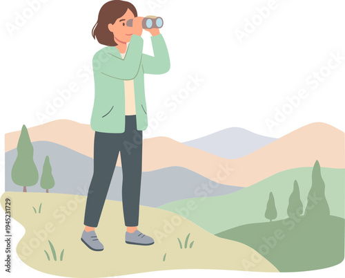 Woman uses binoculars to observe scenic landscape with mountains and trees