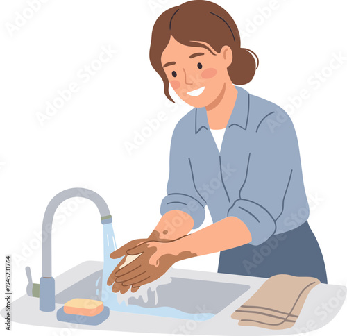 A woman washing her dirty hands thoroughly with soap at a sink.