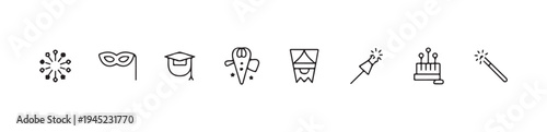 Set of vector line icons depicting celebration elements, party masks, and magic wands