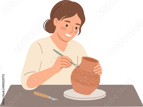 Woman sitting at table skillfully crafting pottery with a tool.