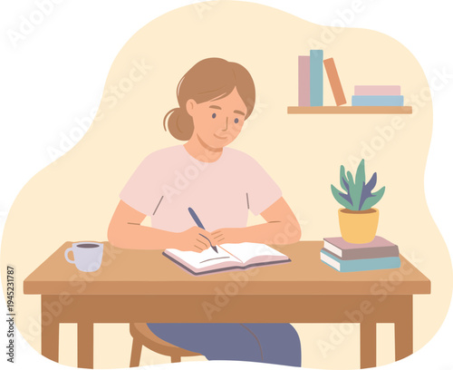 A woman sits at a desk writing in an open book with books stacked and a plant nearby indoors.