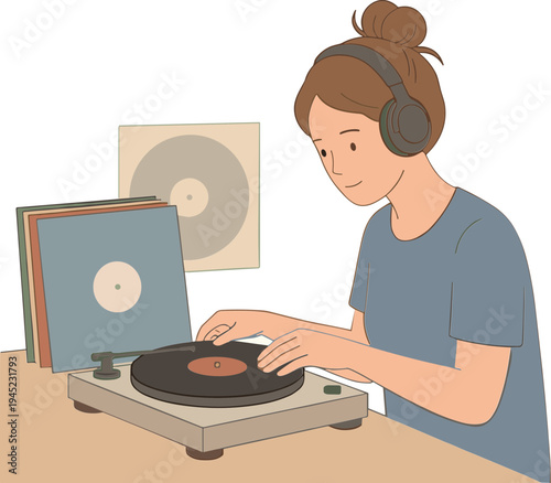 A woman wearing headphones plays a record on a turntable indoors.