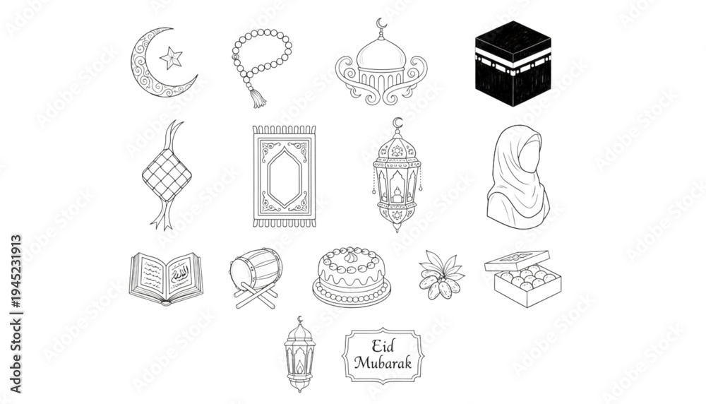 Fototapeta premium Islamic Eid Mubarak Icons for Festive Greetings, Decorations, and Cultural Celebrations