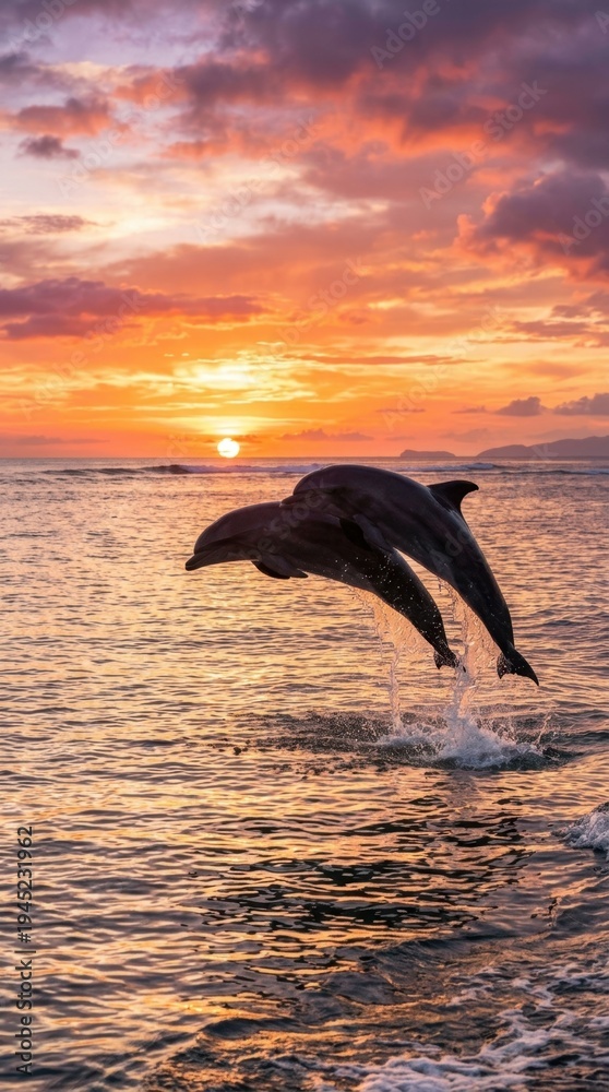 Fototapeta premium Dolphins Jumping at Sunset