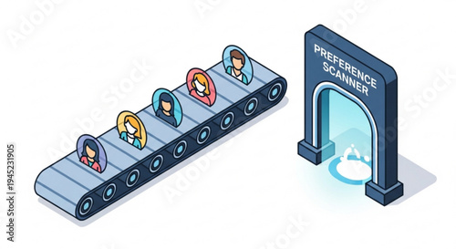 Preference scanner illustration with diverse people on conveyor belt