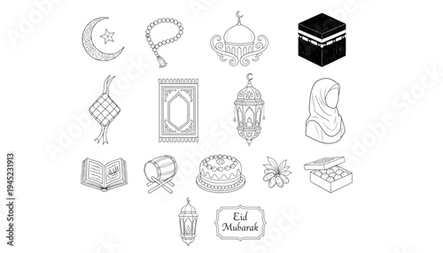 Islamic Eid Mubarak Icons for Festive Greetings, Decorations, and Cultural Celebrations