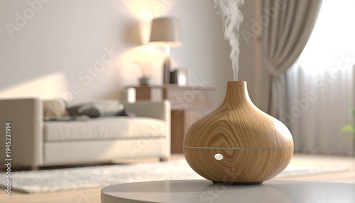 Wooden aromatherapy diffuser emitting steam on a table, with living room in soft focus